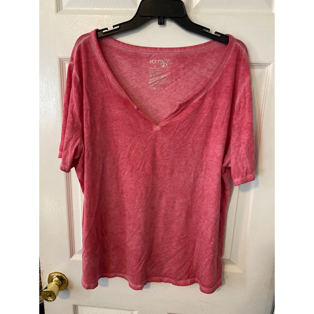 Terra & Sky Womens 1X Pink Acid Wash V-Neck Short Sleeve T-Shirt Cotton Blend